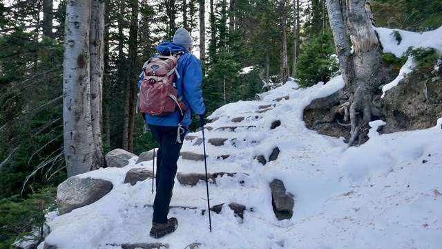 A hiking trail in RMNP is icy and covered in recent snow.