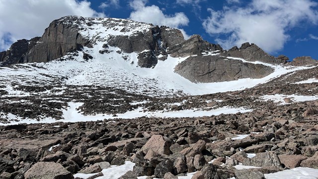 Snow on the north face of Longs Peak in June