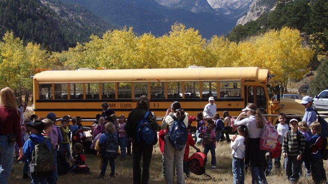 Students waiting outside a bus in the park.