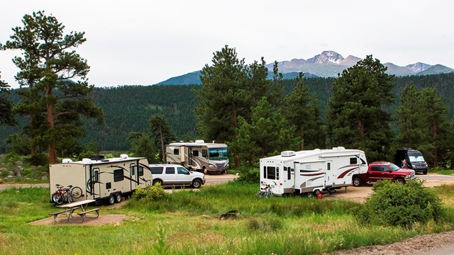 Three RV-campsites with picnic tables are seen in a grassy area