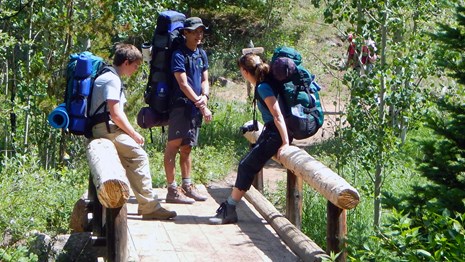 Three people seen with overnight backpacks on their backs on a hiking trail
