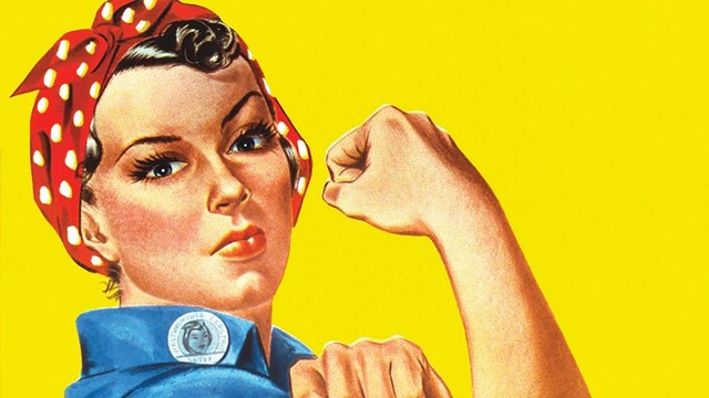 An illustration of a woman doing a flex in a red bandana and blue shirt. 