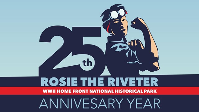 Our logo illustration featuring a "Rosie" pose, and the words "25th", name and "Anniversary Year".