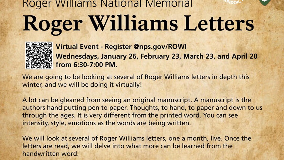 Parchment paper with the title Roger Williams Letters overlaying