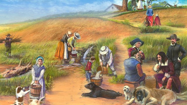 Colorful painting showing people gathered the first spring water source in Providence