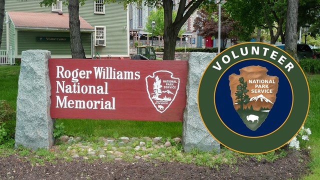 Image of Roger Williams welcome sign and volunteer logo. 