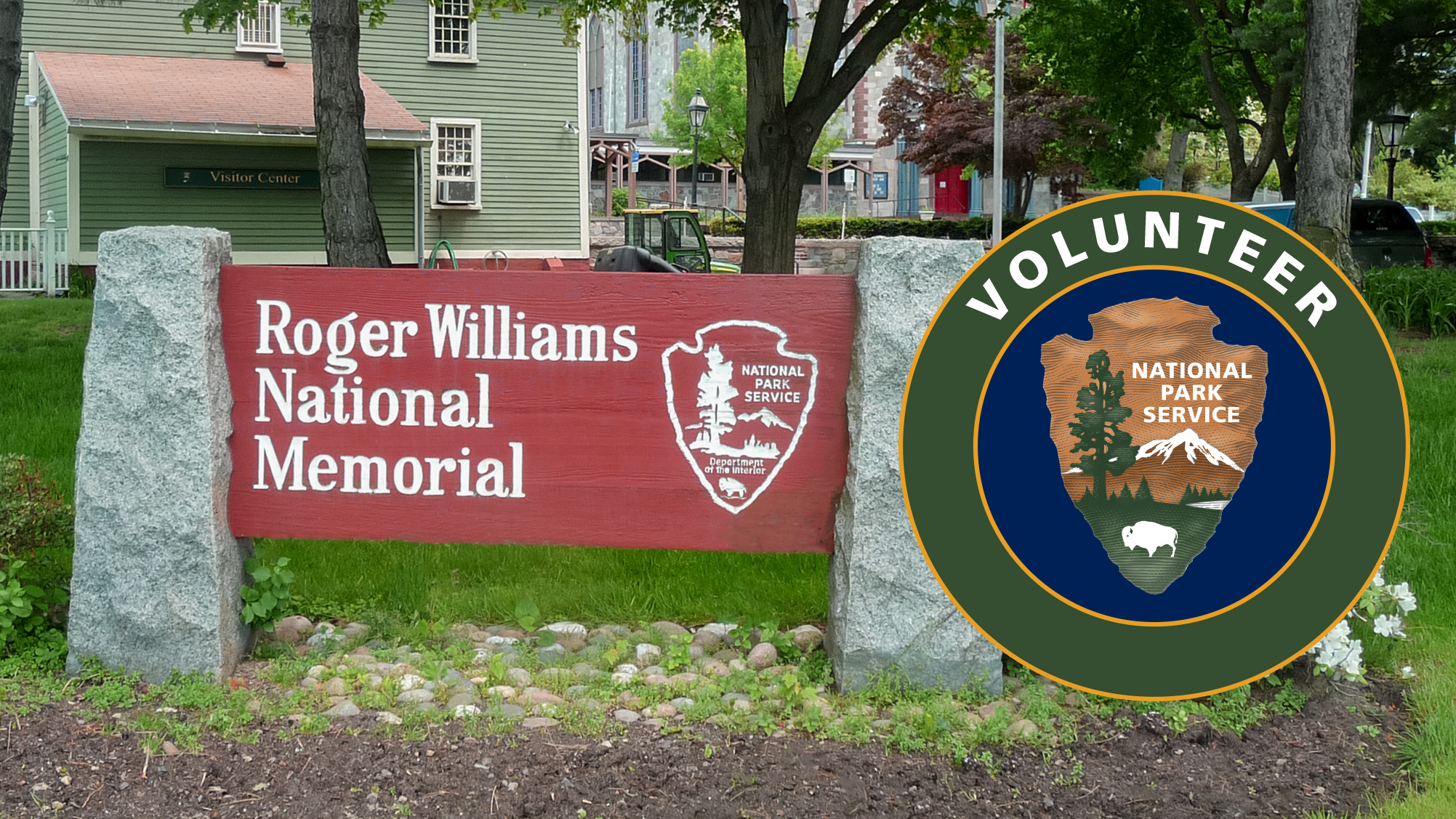 Image of Roger Williams welcome sign and volunteer logo.