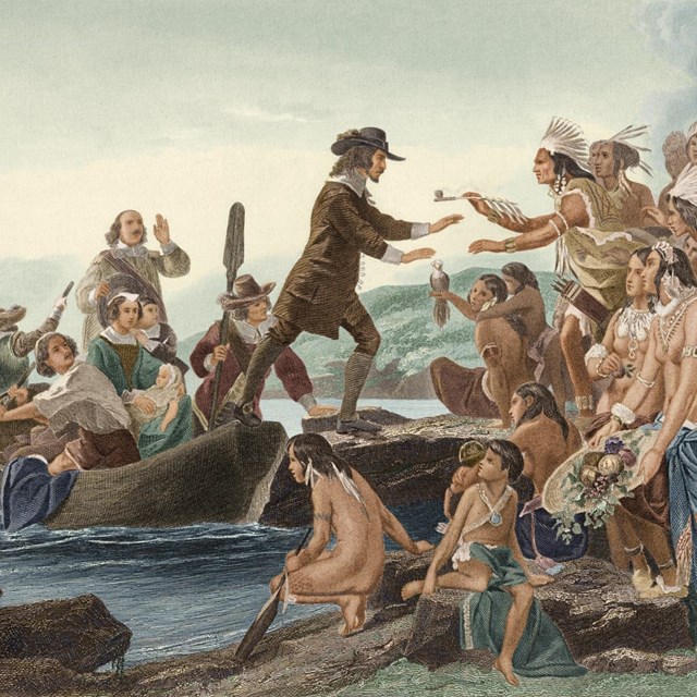 Painting of Roger Williams meeting the Narragansetts