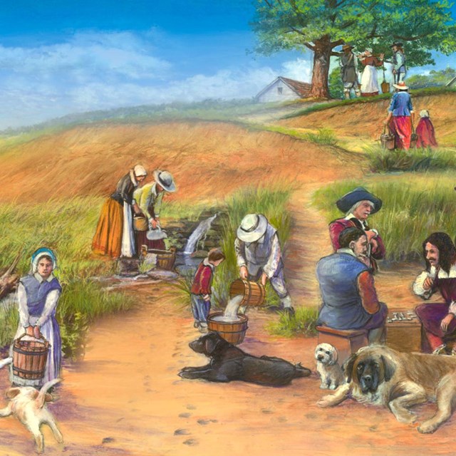 Colorful painting showing people gathered the first spring water source in Providence