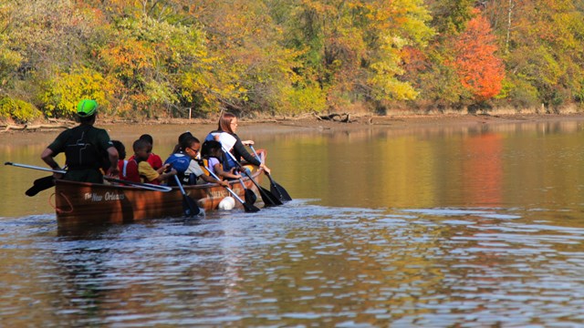 A group of kayakers on a river