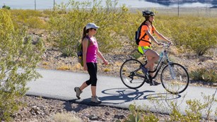 A person walks on a paved trail next to a bicyclist 