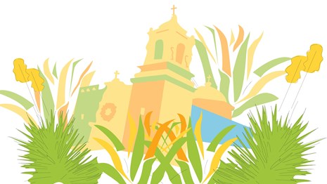 Graphic of Mission San Jose surrounded by native plants.