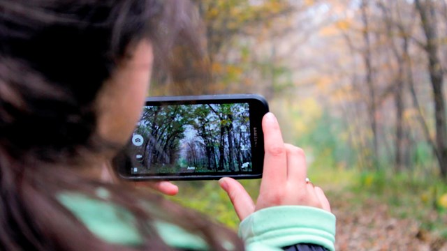 A woman looks through a camera phone.