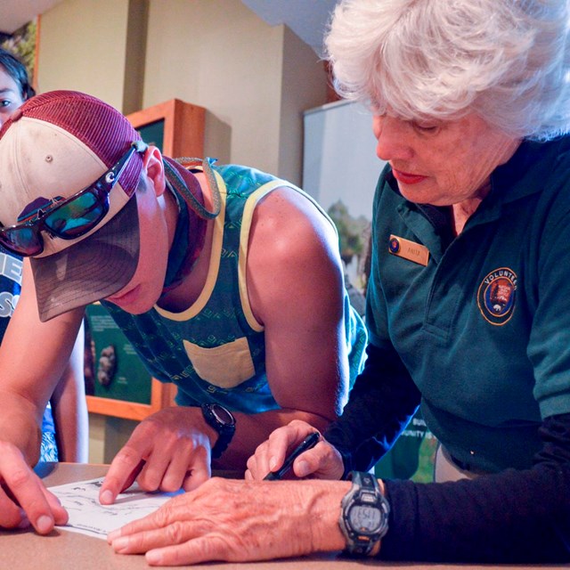 A volunteer looks at a map with visitors.