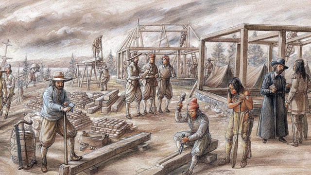 Colored drawing of settlers and passamaquoddy people building things