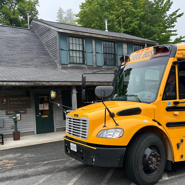 school bus in front of visitor center