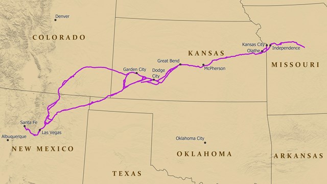 A map depicting a trail from Missouri to Santa Fe, NM