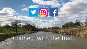 A river corridor with social media logos and "connect with the trail" text.