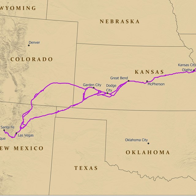 A map depicting a trail from Missouri to Santa Fe, NM