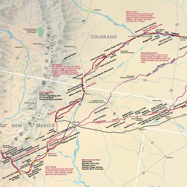 A map depicting a trail from eastern Kansas, west to Santa Fe, New Mexico