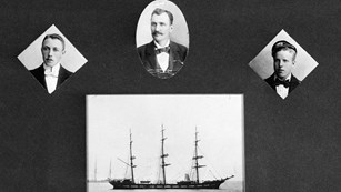 Black and white photos of the captain and mates surrounding a photo of a ship