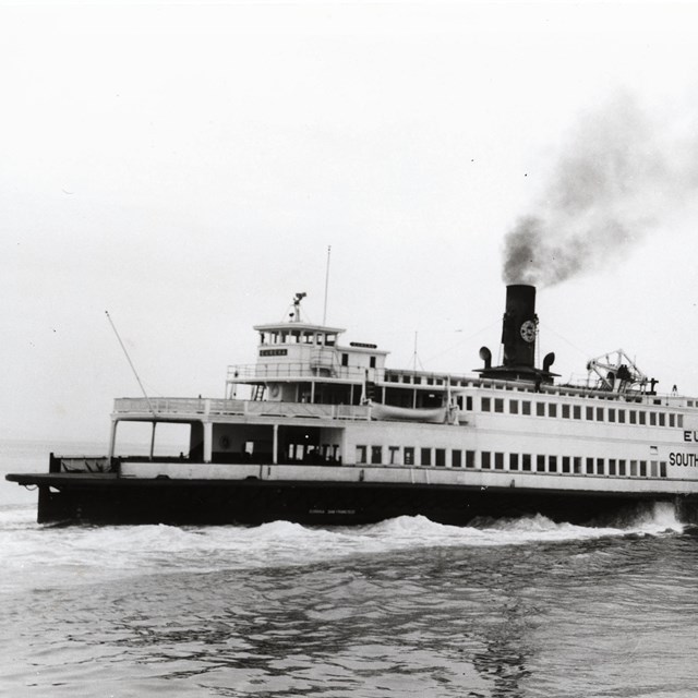 historic black and white photo of a large steamboat ferry