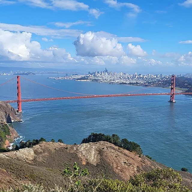 View of the Golden Gate Bridge with San Francisco visible in the background