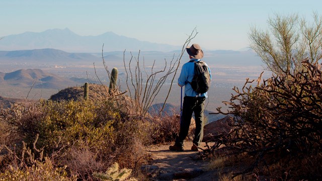 A male hiker stands facing away, looking over a trail's edge into the valley below.
