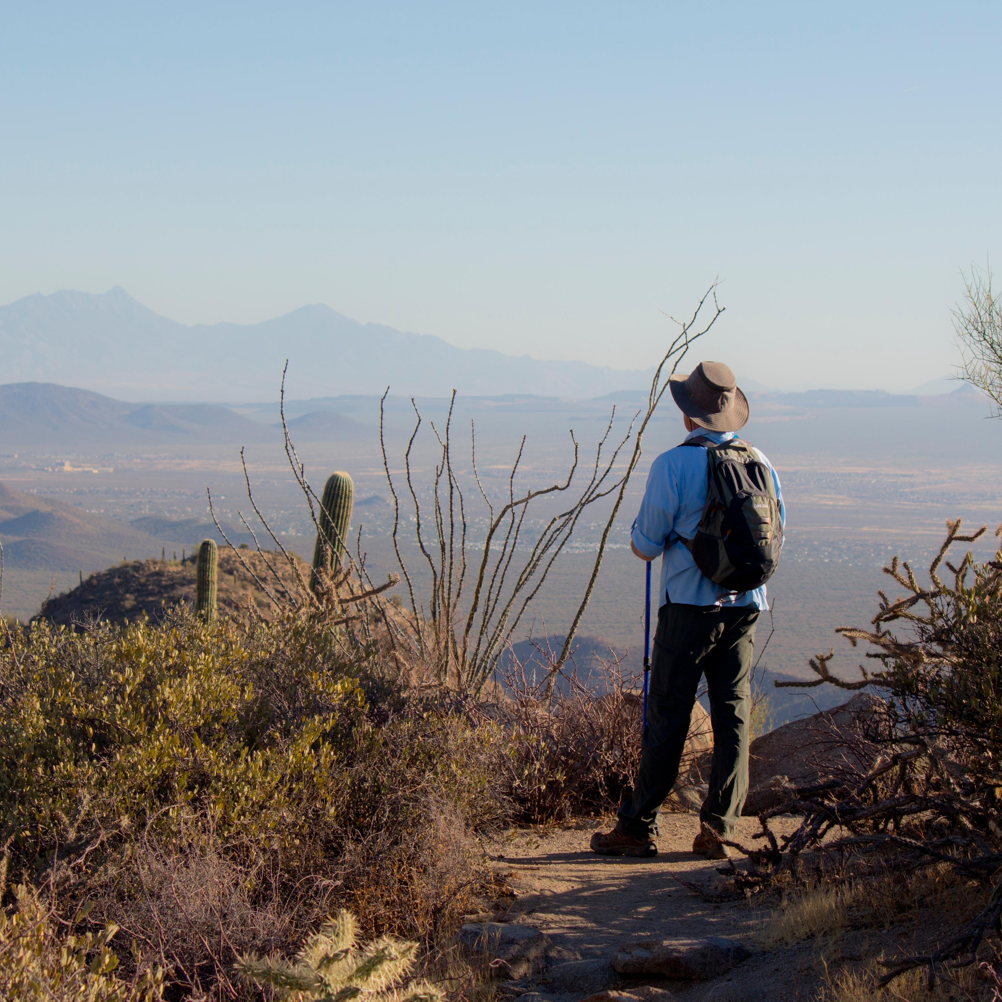 A male hiker stands facing away, looking over a trail's edge into the valley below.