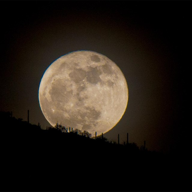 A large bright moon is almost fully risen over a mountain ridge, rising from the lower left.