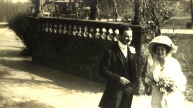 Historic photo of Ethel and Richard Derby in wedding attire.
