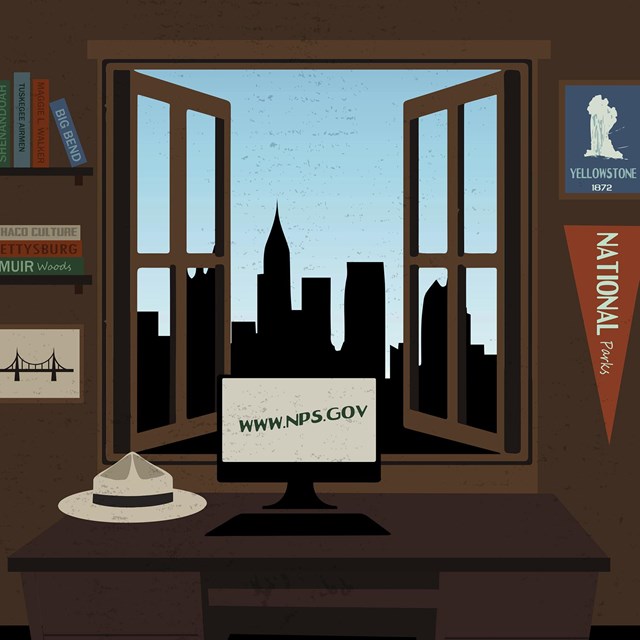Desk with computer looks out of open window with city view.