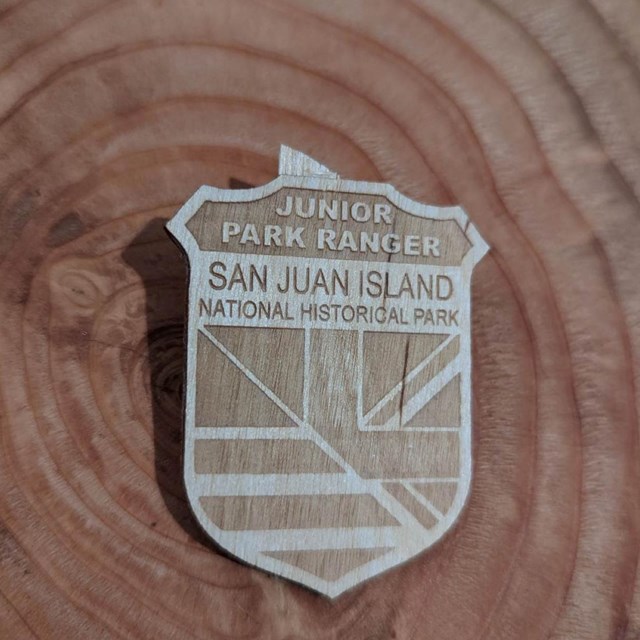 Photo of a wooden badge reading 