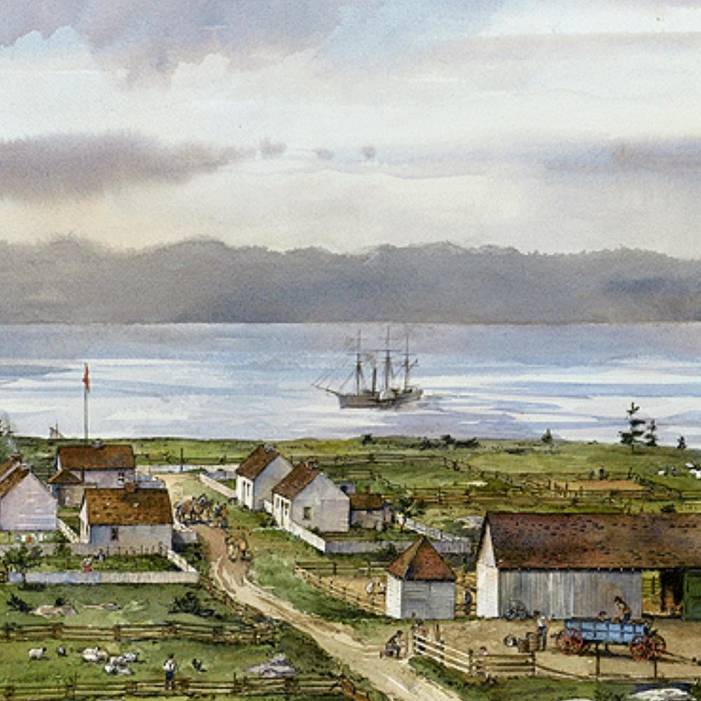 Watercolor illustration of a busy farm with vehicles and outbuildings right beside teh ocean
