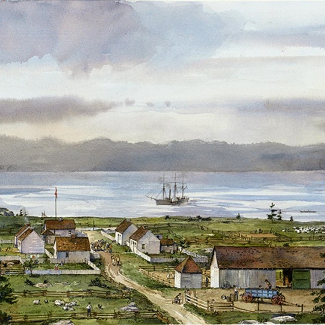 watercolor image of a busy farm filled with animals and outbuildings