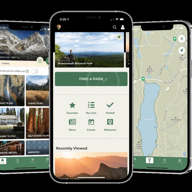 three phone screens showing how to use the NPS App