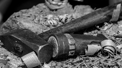 Black and white photo of tools from the parks collections.