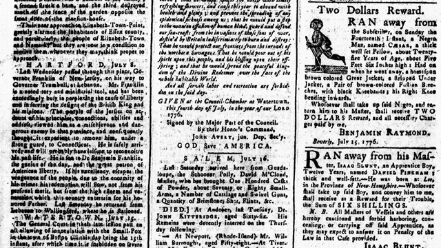 Black and white scan of page from an 18th century newspaper. 