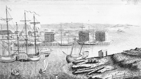 Black and white drawing of a bustling harbor with buildings lining the harbor and docked ships.