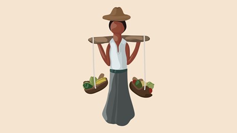 Illustration of a faceless doll wearing hat and dress, holding fruits and vegetables.