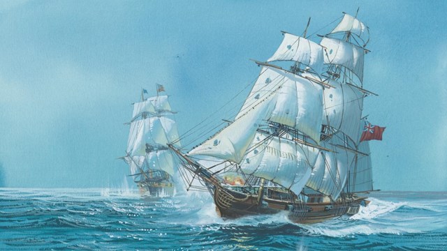 Two wooden sailing ships in a naval battle on the open ocean