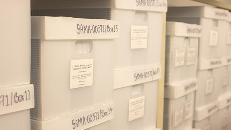 Stacks of white storage boxes with labels.