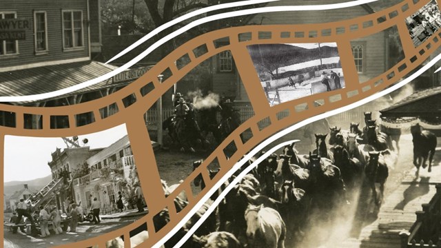 an illustrated film strip atop a photo of a western town