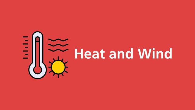 Graphic with red background showing white text and symbols, featuring &ldquo;HEAT&rdquo; and a thermometer icon