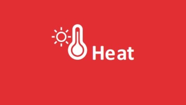 Graphic with red background showing white text and symbols, featuring &ldquo;HEAT&rdquo; and a thermometer icon