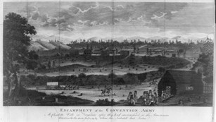 Historic black and white print depicting a camp of soldiers in Charlottesville, Virginia
