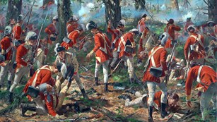 chaotic scene of redcoated british soldiers in woods