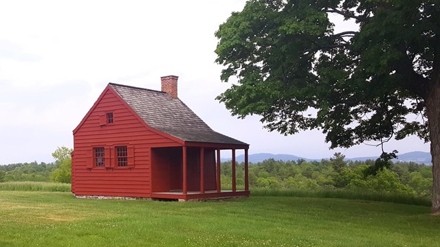 A grassy lawn in front of a small red house with a large tree next to it.