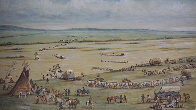 A watercolor painting depicts a Native Americans and emigrants at the edge of a river. 