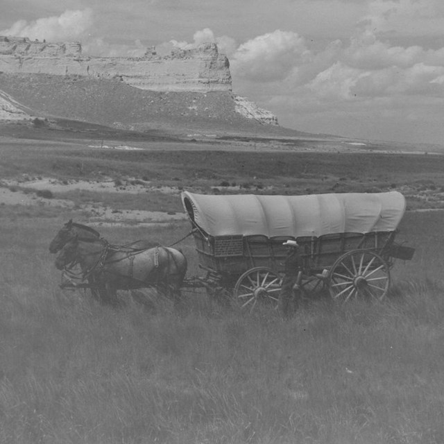 old black and white photo of a wagon pulled by horses